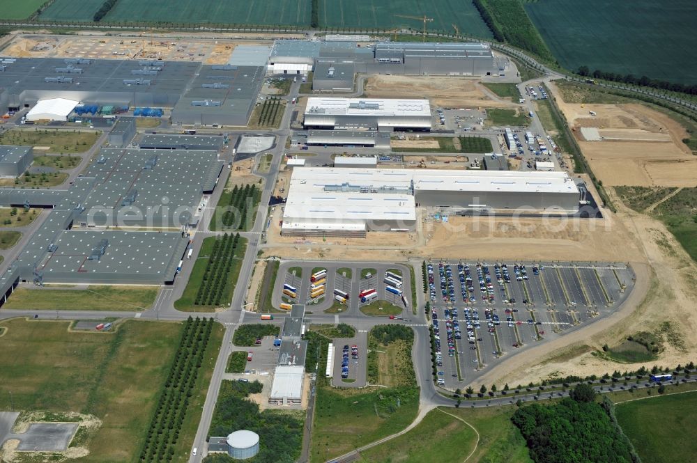 Leipzig from the bird's eye view: Blick auf den Ausbau des Leipziger BMW- Werkes für die Produktion von Elektroautos. Bayerische Motoren Werke / BMW AG Motorrad Werk Leipzig an der BMW Allee 1 in Sachsen. BMW Motorcycle Plant Leipzig in Saxony.