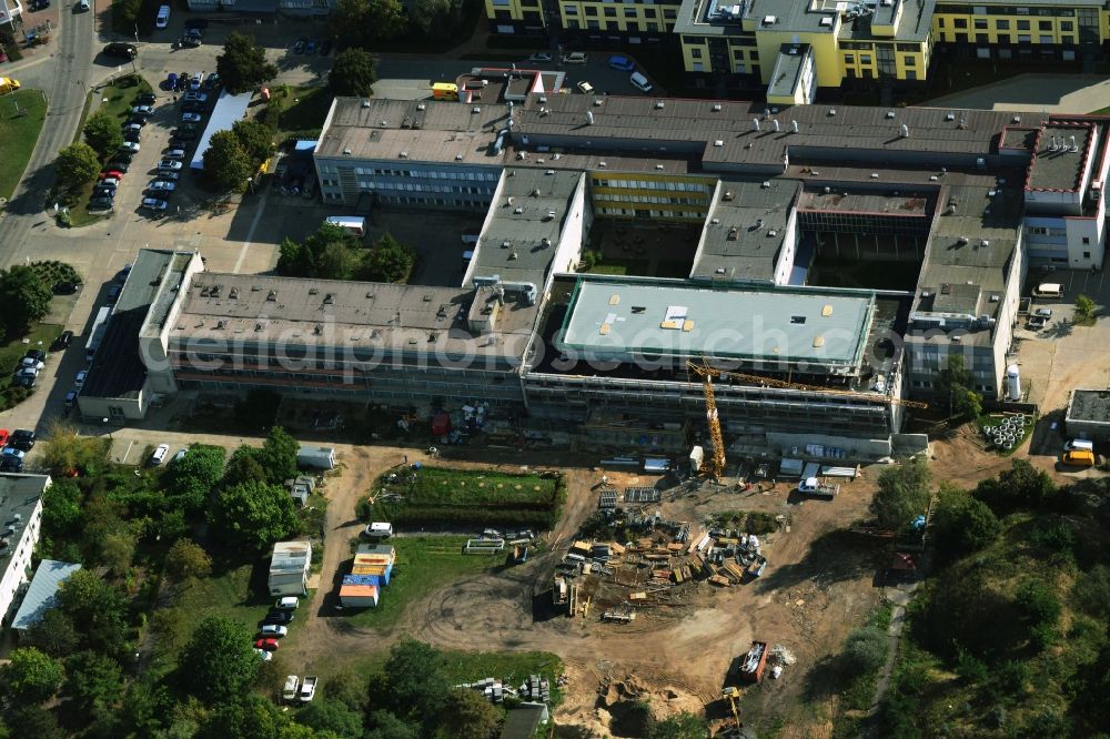 Schwedt/Oder from above - Add-on module construction site at Asklepios Klinikum Uckermark in Schwedt / Oder in Brandenburg