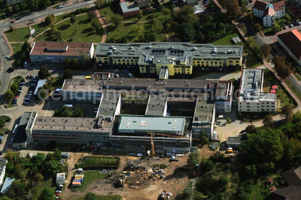 Schwedt/Oder from the bird's eye view: Add-on module construction site at Asklepios Klinikum Uckermark in Schwedt / Oder in Brandenburg