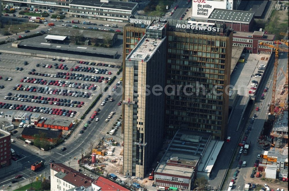 Berlin from above - View the Axel-Springer tower of the Axel Springer AG at the Rudi-Dutschke street and Axel-Springer street in Kreuzberg district in Berlin