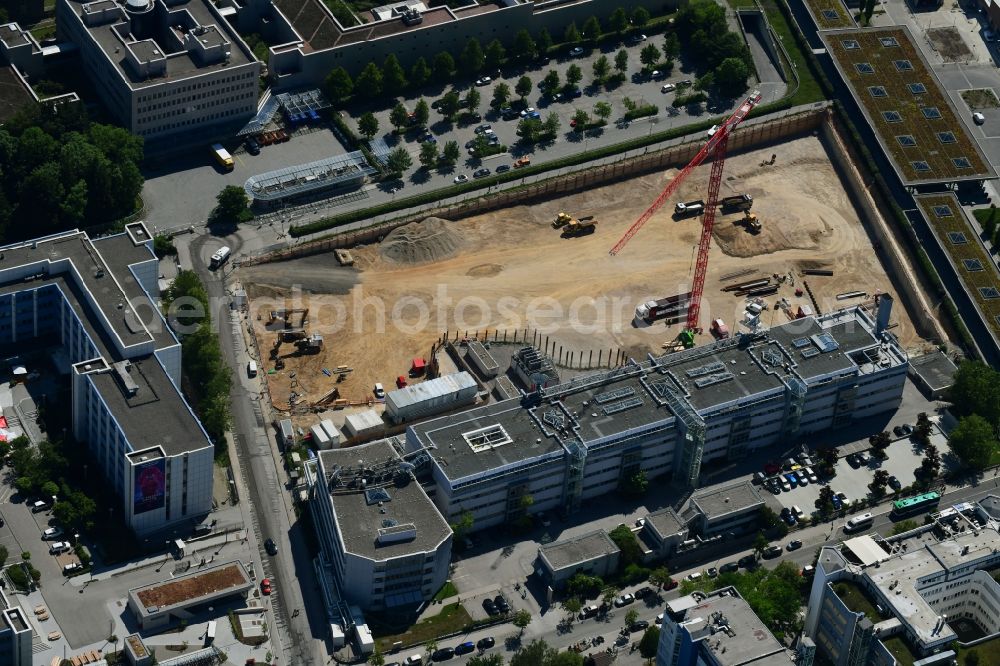 Unterföhring from above - Expansion site on the building complex of the transmitter New Campus of ProSieben Sat.1 Media SE on Medienallee - Gutenbergstrasse in Unterfoehring in the state Bavaria, Germany