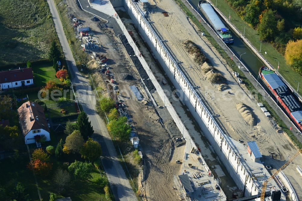 Wusterwitz from the bird's eye view: View of the construction site of the expansion lock Wusterwitz