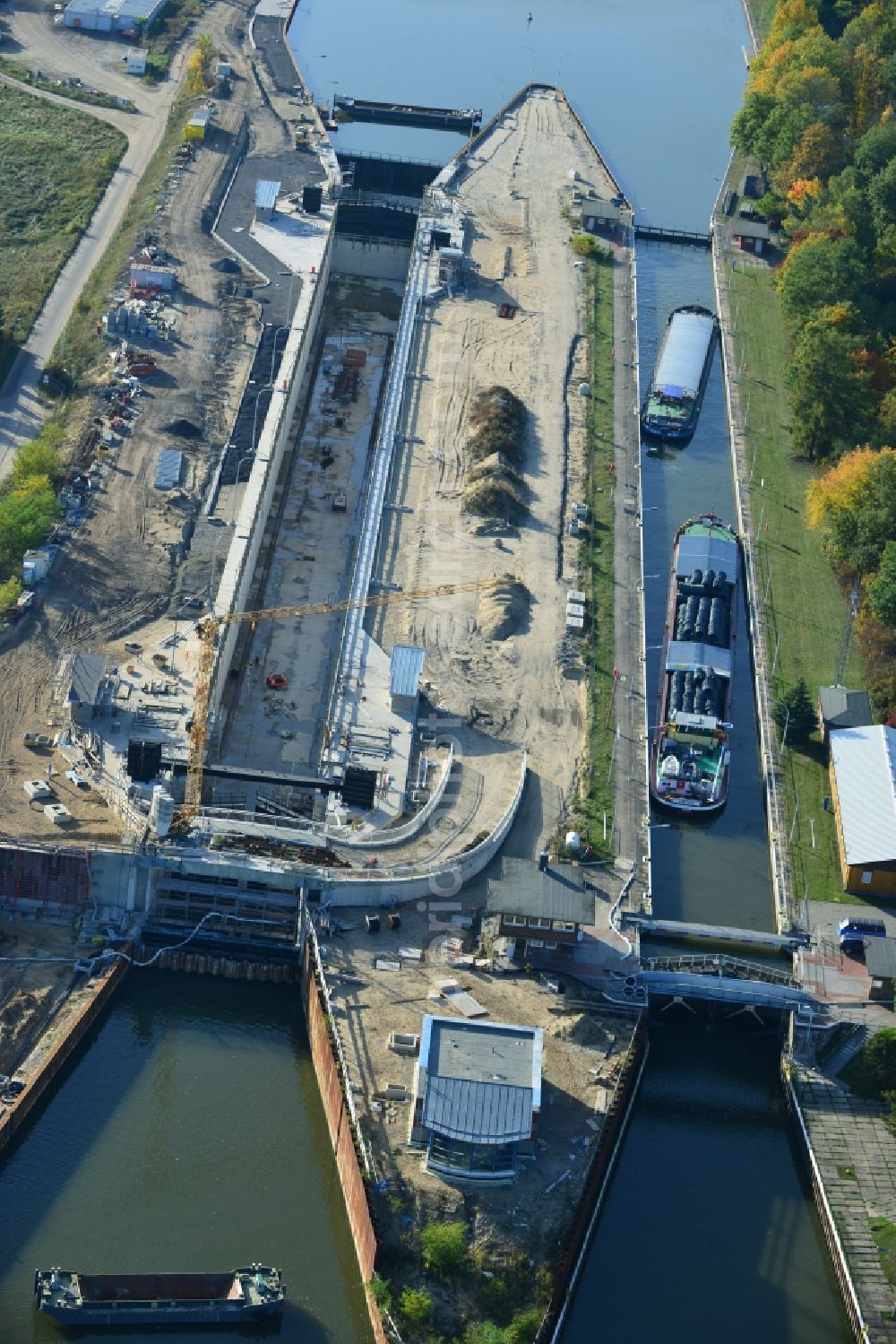 Aerial photograph Wusterwitz - View of the construction site of the expansion lock Wusterwitz