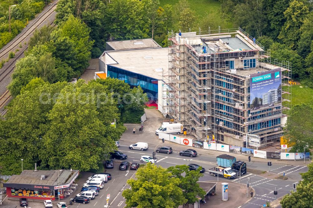 Aerial image Arnsberg - Construction site on building and production halls on the premises of EGLO Leuchten GmbH on Kleinbahnstrasse in the district Huesten in Arnsberg at Ruhrgebiet in the state North Rhine-Westphalia, Germany