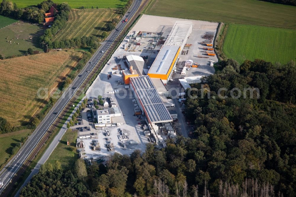 Herzebrock-Clarholz from the bird's eye view: Construction site on building and production halls on the premises Eudur-Bau GmbH & Co. KG on Alte Ziegelei in Herzebrock-Clarholz in the state North Rhine-Westphalia, Germany