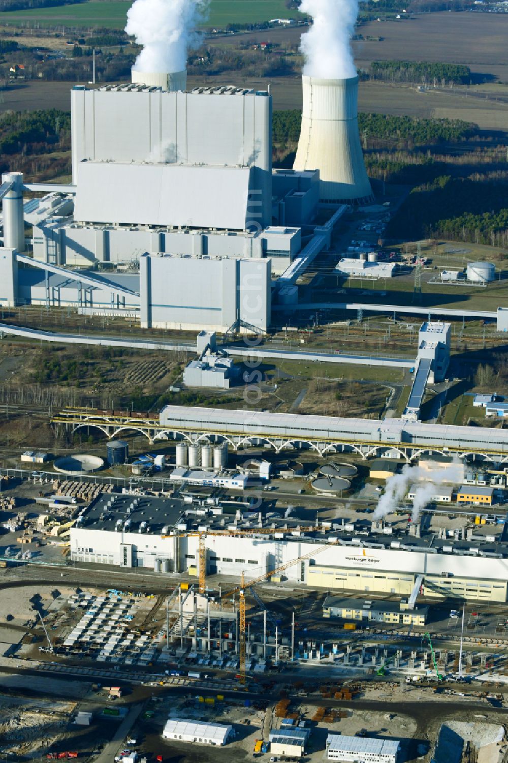 Spremberg from above - Construction site on building and production halls on the premises of Hamburger Rieger GmbH An der Heide in the district Trattendorf in Spremberg in the state Brandenburg, Germany