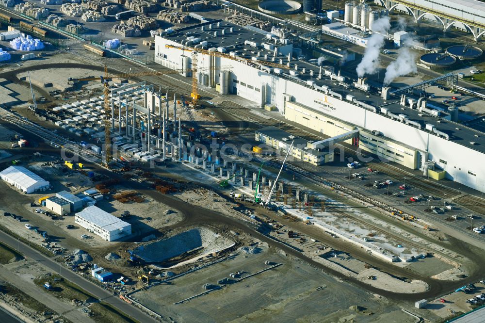 Spremberg from the bird's eye view: Construction site on building and production halls on the premises of Hamburger Rieger GmbH An der Heide in the district Trattendorf in Spremberg in the state Brandenburg, Germany