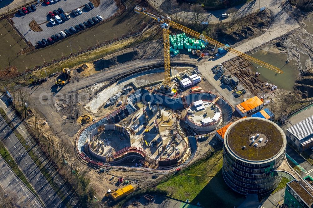 Aerial image Gelsenkirchen - Construction site on building and production halls on the premises fuer ein Laborgebaeude of Gelsenwasser on Willy-Brandt-Allee in Gelsenkirchen at Ruhrgebiet in the state North Rhine-Westphalia, Germany