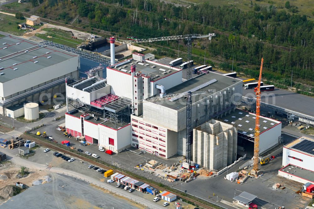 Aerial image Spremberg - New construction site for a Wte - combined heat and power plant to expand the buildings and production halls on the factory premises of Spreerecycling GmbH & Co. KG on An der Heide Strasse A-Mitte in the district of Trattendorf in Spremberg in the state of Brandenburg, Germany