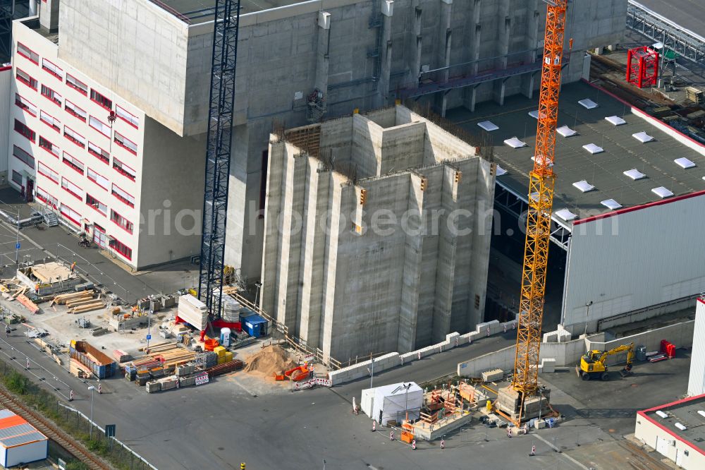 Spremberg from above - New construction site for a Wte - combined heat and power plant to expand the buildings and production halls on the factory premises of Spreerecycling GmbH & Co. KG on An der Heide Strasse A-Mitte in the district of Trattendorf in Spremberg in the state of Brandenburg, Germany