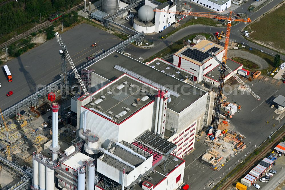 Spremberg from above - New construction site for a Wte - combined heat and power plant to expand the buildings and production halls on the factory premises of Spreerecycling GmbH & Co. KG on An der Heide Strasse A-Mitte in the district of Trattendorf in Spremberg in the state of Brandenburg, Germany