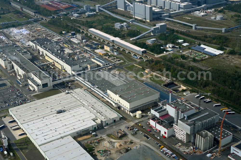 Spremberg from above - New construction site for a Wte - combined heat and power plant to expand the buildings and production halls on the factory premises of Spreerecycling GmbH & Co. KG on An der Heide Strasse A-Mitte in the district of Trattendorf in Spremberg in the state of Brandenburg, Germany