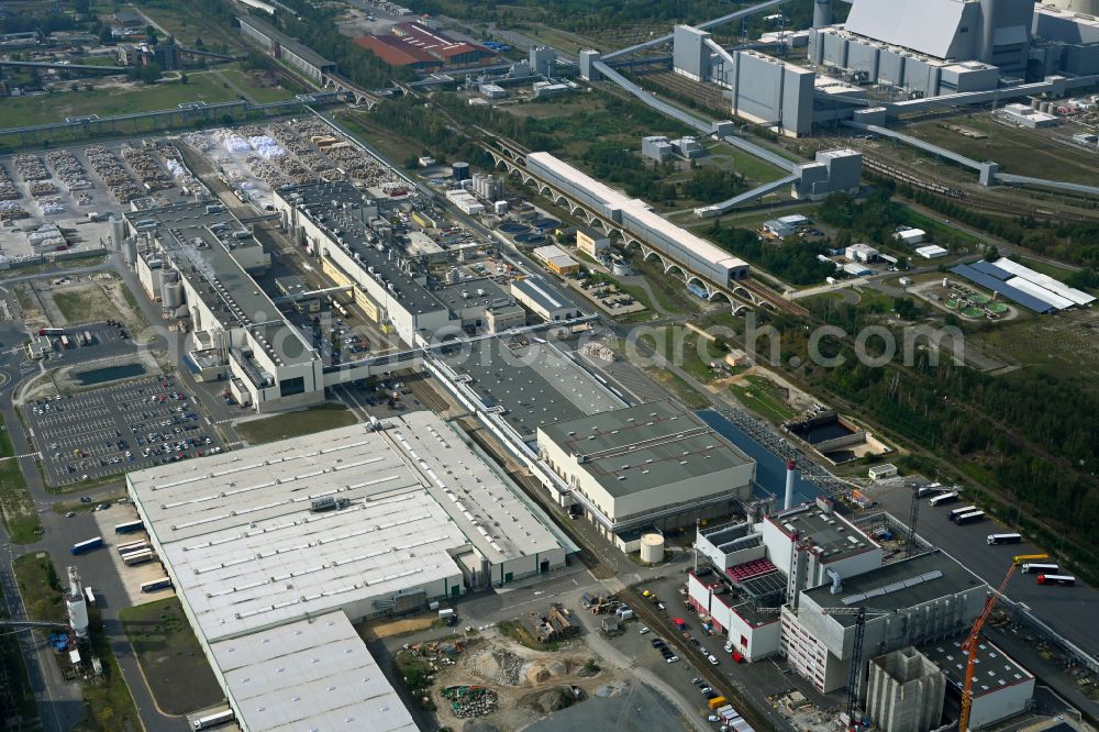 Spremberg from the bird's eye view: New construction site for a Wte - combined heat and power plant to expand the buildings and production halls on the factory premises of Spreerecycling GmbH & Co. KG on An der Heide Strasse A-Mitte in the district of Trattendorf in Spremberg in the state of Brandenburg, Germany