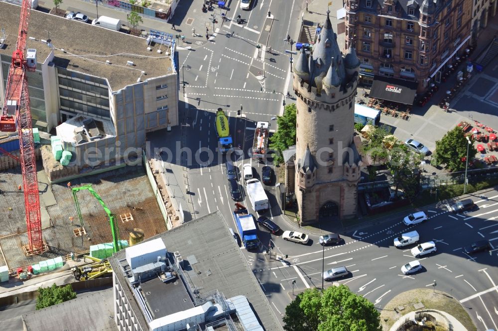 Frankfurt am Main from above - View of the Eschenheim Tower in Frankfurt's city centre. The tower was a medieval city gate of the Frankfurt city walls and is a landmark of the city