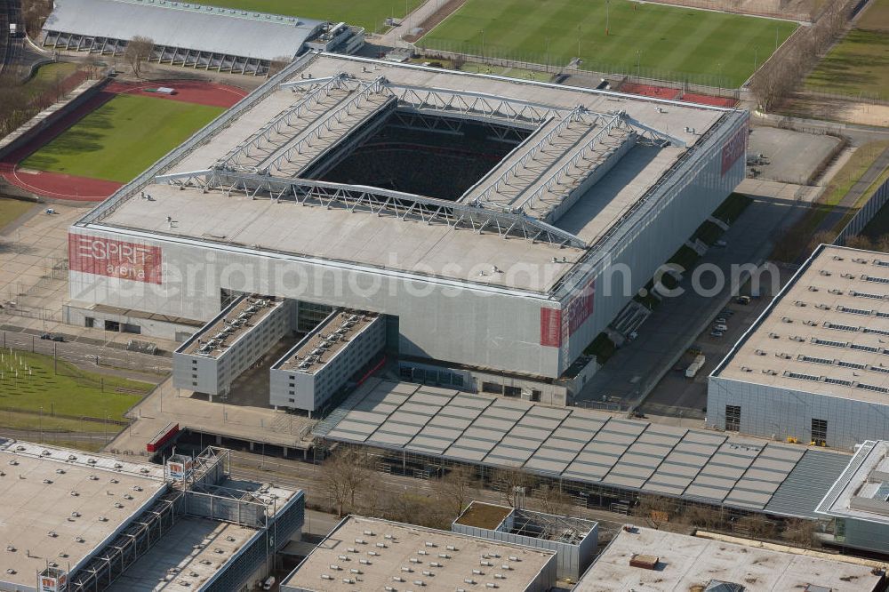 Aerial photograph Düsseldorf - View of the ESPRIT arena (until June 2009 LTU Arena) in Dusseldorf. The multi-purpose arena was built at the site of the old Rhine Stadium and opened in 2005. The stadium has a capacity of 54 600 seats