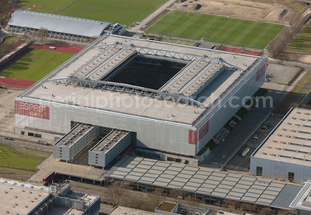 Düsseldorf from above - View of the ESPRIT arena (until June 2009 LTU Arena) in Dusseldorf. The multi-purpose arena was built at the site of the old Rhine Stadium and opened in 2005. The stadium has a capacity of 54 600 seats