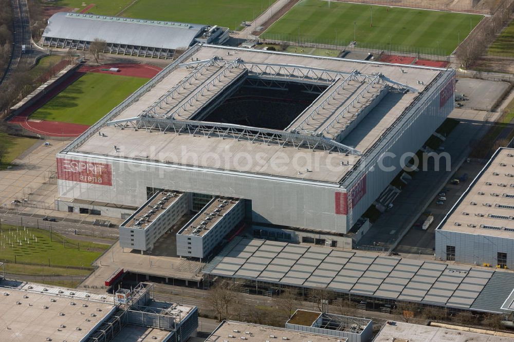 Düsseldorf from the bird's eye view: View of the ESPRIT arena (until June 2009 LTU Arena) in Dusseldorf. The multi-purpose arena was built at the site of the old Rhine Stadium and opened in 2005. The stadium has a capacity of 54 600 seats