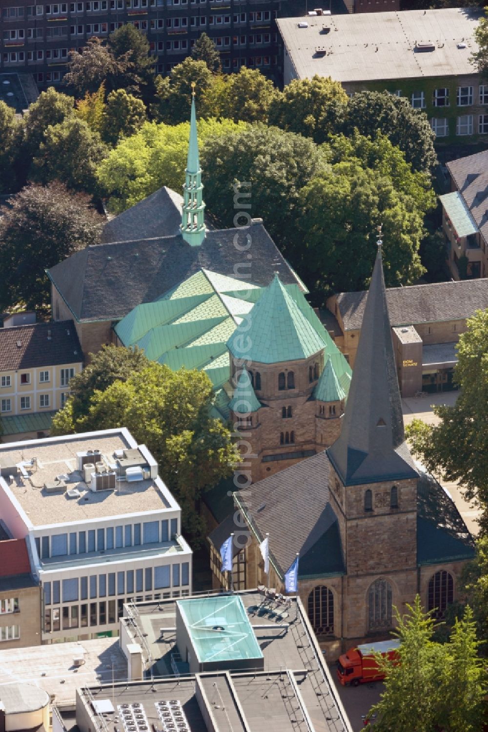 Essen from above - Essen cathedral at Burgplatz in Essen in North Rhine-Westphalia