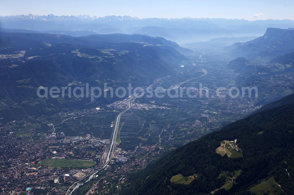 Aerial photograph Meran - View from Merano into the Etschtal in Merano, Italy. The Etsch (Italian Adige) flows through the entire valley and later opens into the Mediterranean Sea at Chioggia
