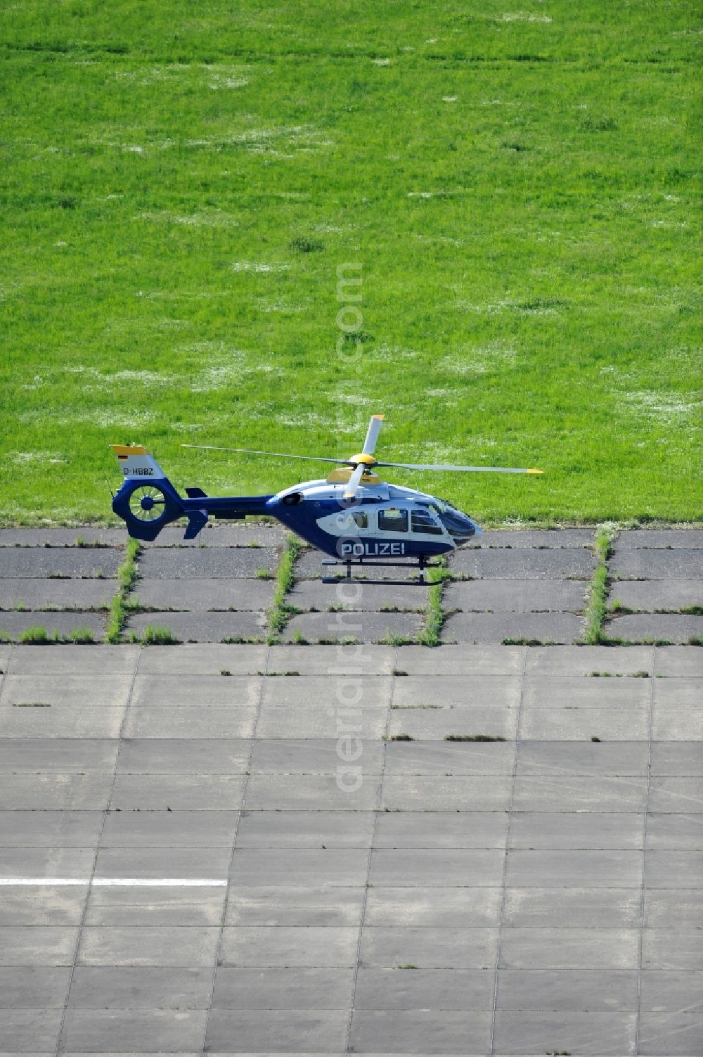 Werneuchen from the bird's eye view: View one just above the runway / runway of the airfield Werneuchen floating Eurocopter with the registration D-HBBZ the Federal Police