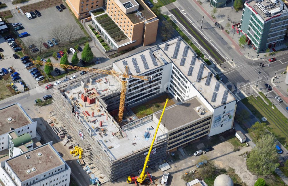 Aerial image Berlin - Baustelle vom Europa Center Adlershof, ein Büro-und Geschäftshaus, am Wissenschafts- und Wirtschaftsstandort Adlershof WISTA