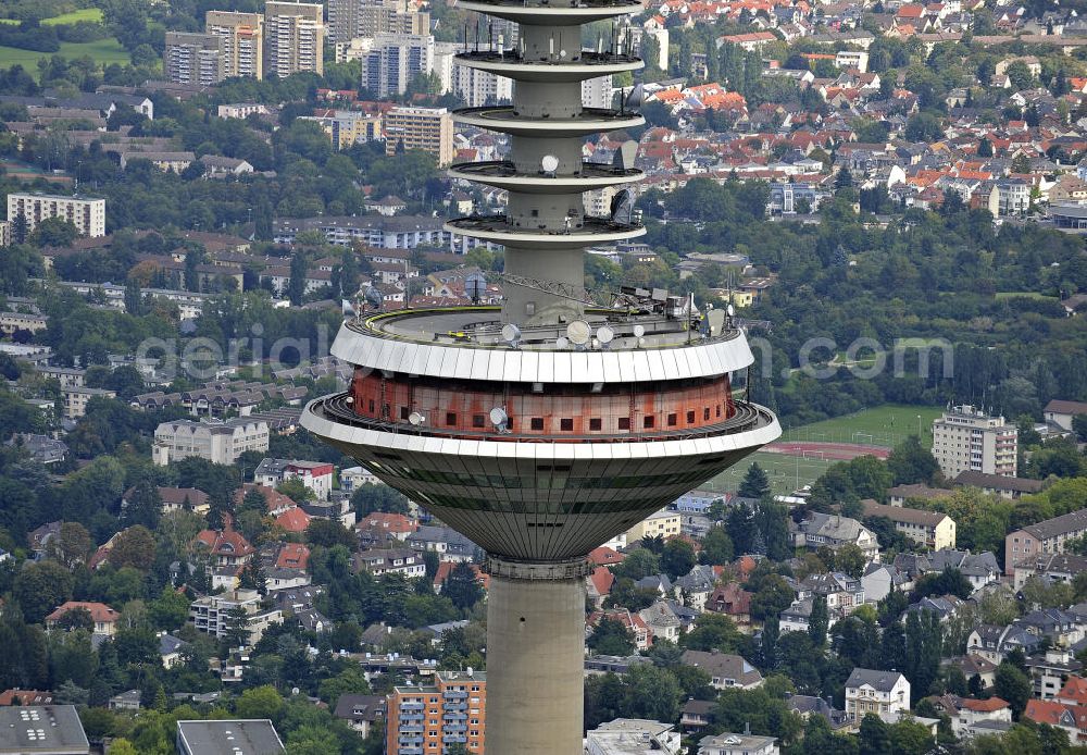 Aerial image Frankfurt am Main - Die Kanzel des Europaturms im Stadtteil Bockenheim. Die drehbare Kanzel befindet sich in 227 Meter Höhe. Der in den 1970ern errichtete Fernmeldeturm ist mit 337,5 m der zweithöchste Deutschlands. The pulpit of the Tower of Europe in the district Bockenheim. The rotating pulpit is located in 227 meters height. The telecommunication tower was built in the 1970s and is with 337.5 m the second highest in Germany.