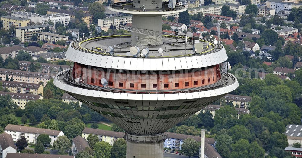 Frankfurt am Main from above - Die Kanzel des Europaturms im Stadtteil Bockenheim. Die drehbare Kanzel befindet sich in 227 Meter Höhe. Der in den 1970ern errichtete Fernmeldeturm ist mit 337,5 m der zweithöchste Deutschlands. The pulpit of the Tower of Europe in the district Bockenheim. The rotating pulpit is located in 227 meters height. The telecommunication tower was built in the 1970s and is with 337.5 m the second highest in Germany.