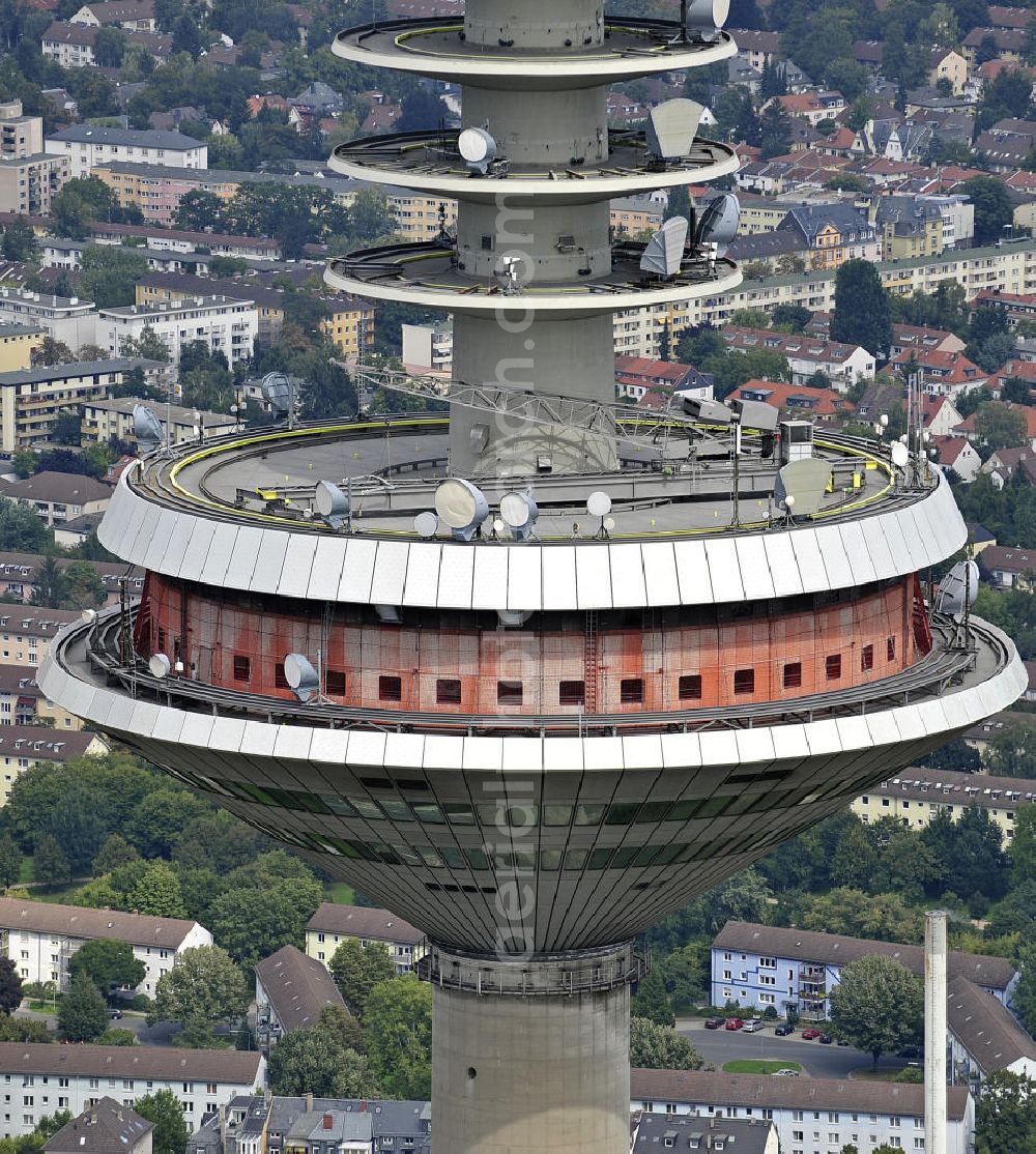 Frankfurt am Main from the bird's eye view: Die Kanzel des Europaturms im Stadtteil Bockenheim. Die drehbare Kanzel befindet sich in 227 Meter Höhe. Der in den 1970ern errichtete Fernmeldeturm ist mit 337,5 m der zweithöchste Deutschlands. The pulpit of the Tower of Europe in the district Bockenheim. The rotating pulpit is located in 227 meters height. The telecommunication tower was built in the 1970s and is with 337.5 m the second highest in Germany.