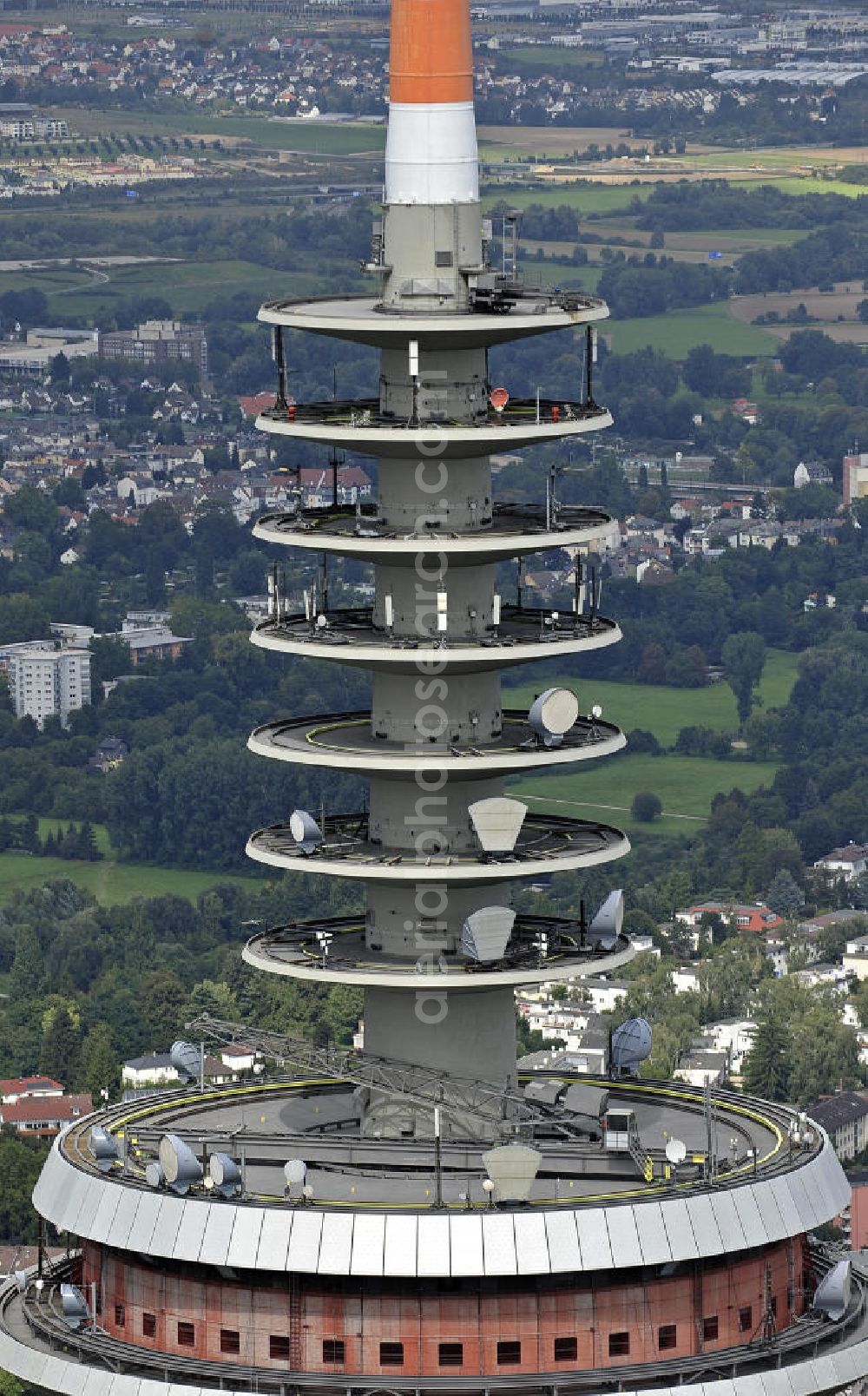 Frankfurt am Main from above - Die Kanzel des Europaturms im Stadtteil Bockenheim. Die drehbare Kanzel befindet sich in 227 Meter Höhe. Der in den 1970ern errichtete Fernmeldeturm ist mit 337,5 m der zweithöchste Deutschlands. The pulpit of the Tower of Europe in the district Bockenheim. The rotating pulpit is located in 227 meters height. The telecommunication tower was built in the 1970s and is with 337.5 m the second highest in Germany.