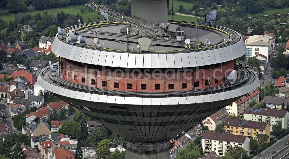 Frankfurt am Main from above - Die Kanzel des Europaturms im Stadtteil Bockenheim. Die drehbare Kanzel befindet sich in 227 Meter Höhe. Der in den 1970ern errichtete Fernmeldeturm ist mit 337,5 m der zweithöchste Deutschlands. The pulpit of the Tower of Europe in the district Bockenheim. The rotating pulpit is located in 227 meters height. The telecommunication tower was built in the 1970s and is with 337.5 m the second highest in Germany.