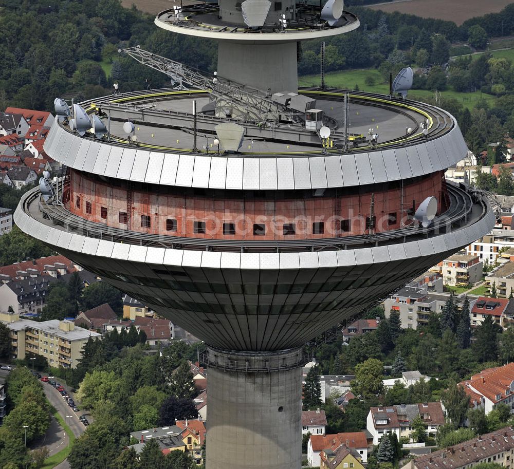 Frankfurt am Main from the bird's eye view: Die Kanzel des Europaturms im Stadtteil Bockenheim. Die drehbare Kanzel befindet sich in 227 Meter Höhe. Der in den 1970ern errichtete Fernmeldeturm ist mit 337,5 m der zweithöchste Deutschlands. The pulpit of the Tower of Europe in the district Bockenheim. The rotating pulpit is located in 227 meters height. The telecommunication tower was built in the 1970s and is with 337.5 m the second highest in Germany.