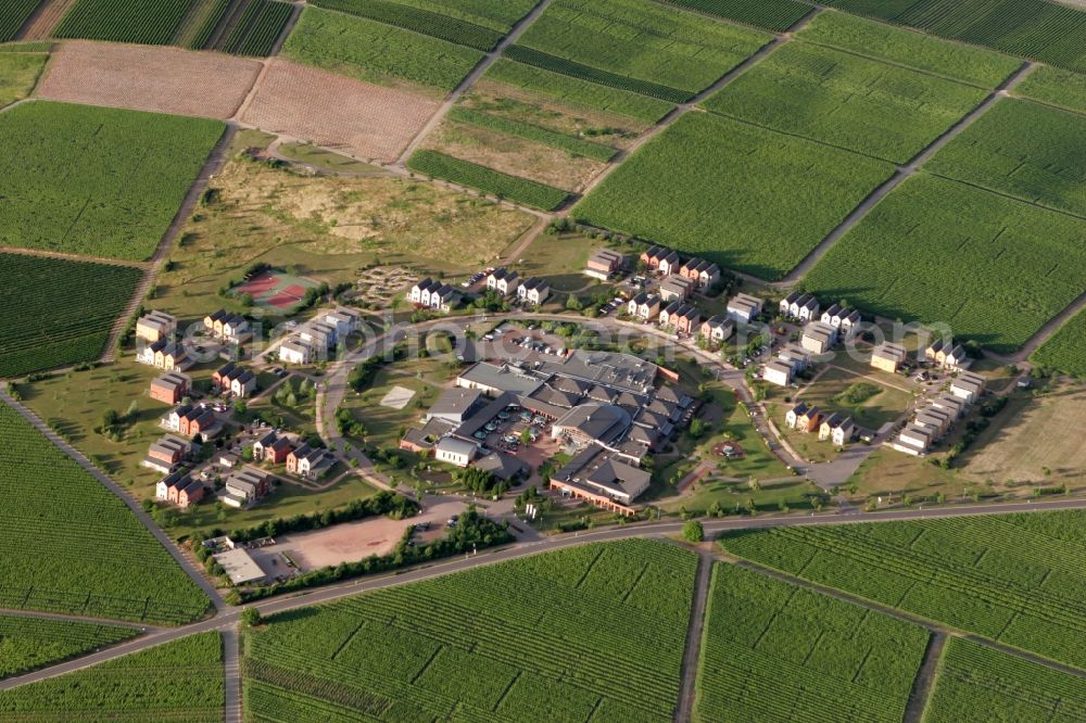 Leiwen from above - Eurostrand resort Mosel Valley in Leiwen in the state of Rhineland-Palatinate. The resort is a holiday resort and compound and events location including houses, appartments, studios and suites which are sited symmetrically and surrounded by fields of the Mosel Valley