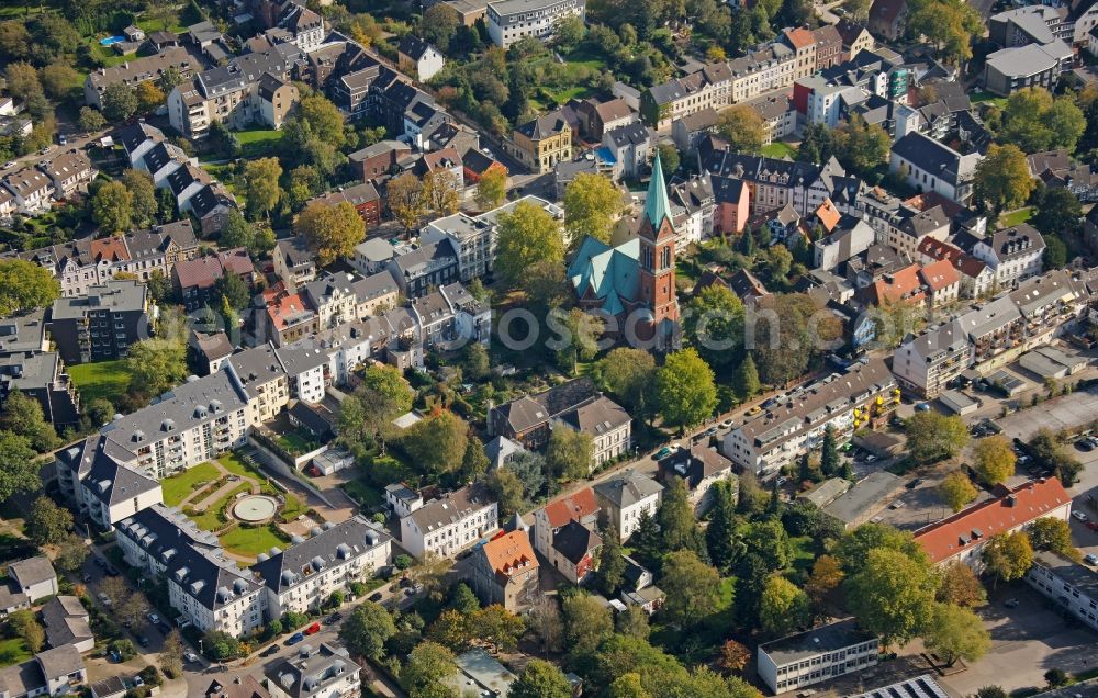 Essen from above - View of the church Evangelische Kirche Essen-Werden in Essen in the state North Rhine-Westphalia