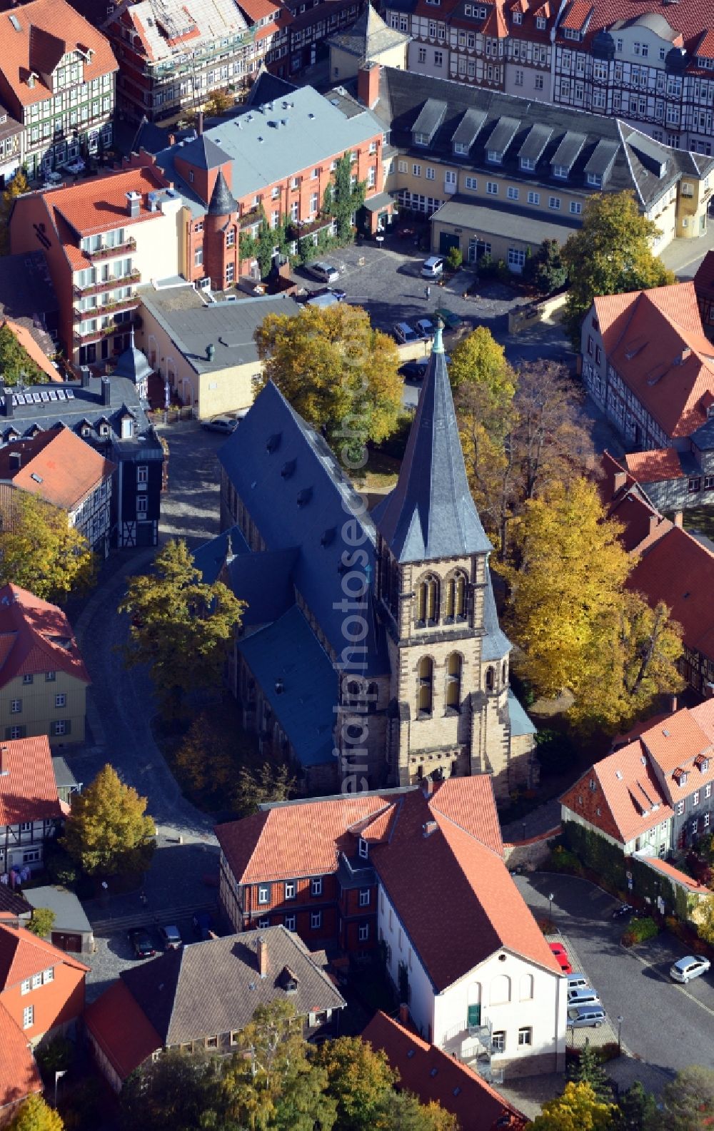 Aerial image Halberstadt - View of the evangelical congregation St. Sylvestri and of Our Lady in Wernigerode in the state Saxony-Anhalt