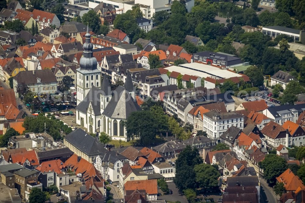 Lippstadt from above - Protestant church and market place in the center of the old town of Lippstadt in the Soest Boerde in the state of North Rhine-Westphalia