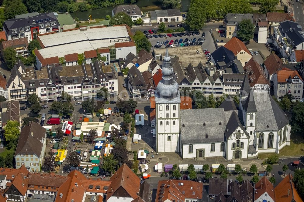 Lippstadt from above - Protestant church and market place in the center of the old town of Lippstadt in the Soest Boerde in the state of North Rhine-Westphalia