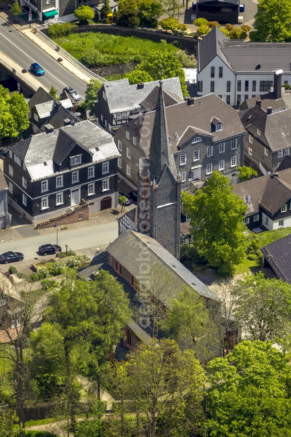 Bad Berleburg from above - View of the evangelical church in Bad Berleburg in the state North Rhine-Westphalia