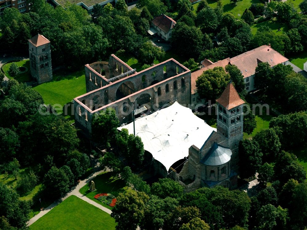 Bad Hersfeld from above - The ruin of the Protestant church stands in the old town of Bad Hersfeld. Their distinctive bell tower is the landmark of the city