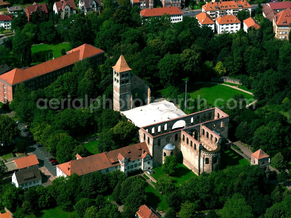 Bad Hersfeld from the bird's eye view: The ruin of the Protestant church stands in the old town of Bad Hersfeld. Their distinctive bell tower is the landmark of the city