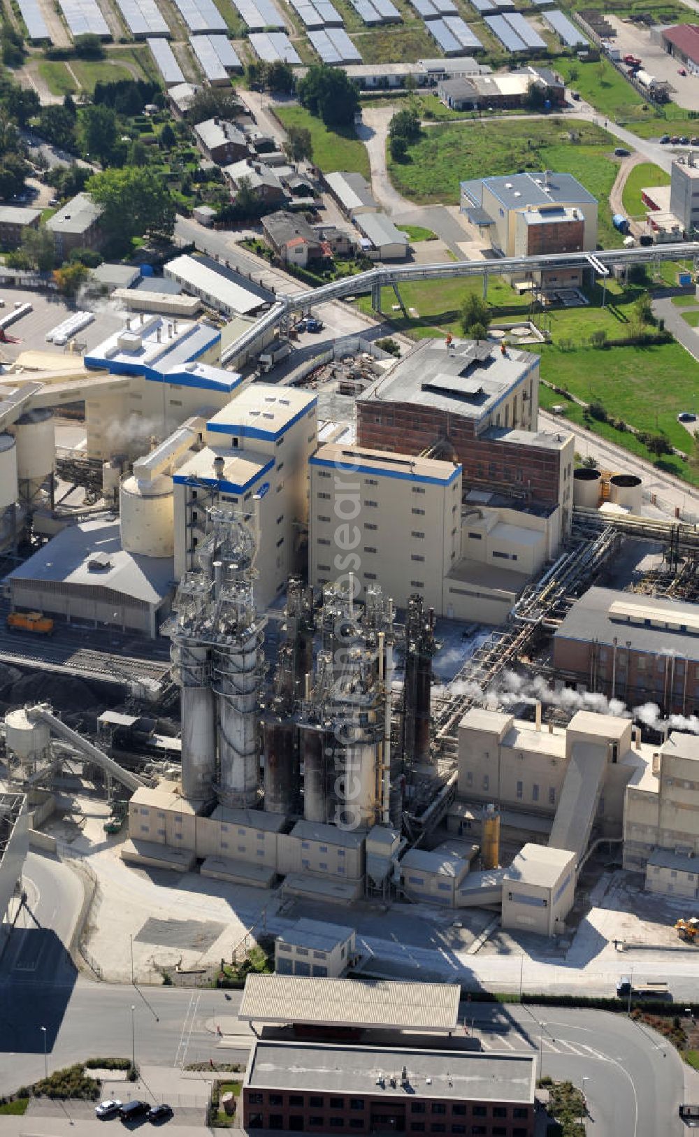 Aerial image Staßfurt - Factory premises of the Sodawerk Staßfurt for the production of Soda in Saxony-Anhalt. Soda may be used a a cleaning supply or for the manufacturing of glass and colouring matters. The plant is operated by the Sodawerk Staßfurt GmbH & Co. KG