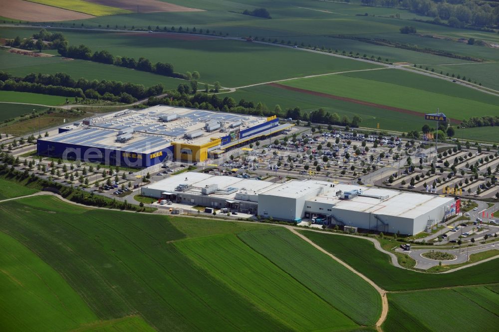 Aerial image Würzburg - Shopping centre B19 in Wuerzburg in the state of Bavaria. The shopping centre includes shopping facilities and malls of large chains such as convenience and furniture stores, children and animals stores. The centre is located on the federal highway B19, next to IKEA