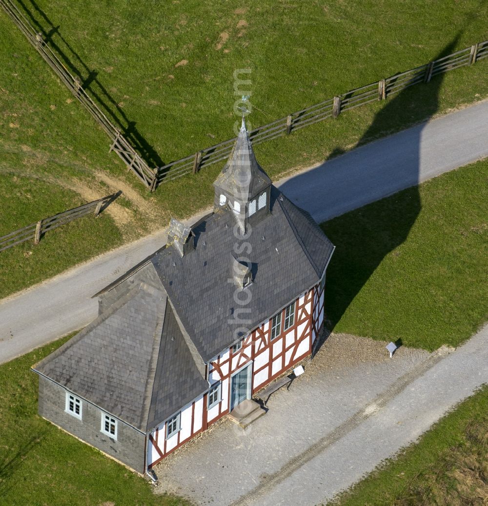 Aerial photograph Detmold - Timbered village built catholic Chapel School the Regional Association Westphalia- Lippe open air museum in the Paderborner Dorf in Detmold in the state of North Rhine-Westphalia