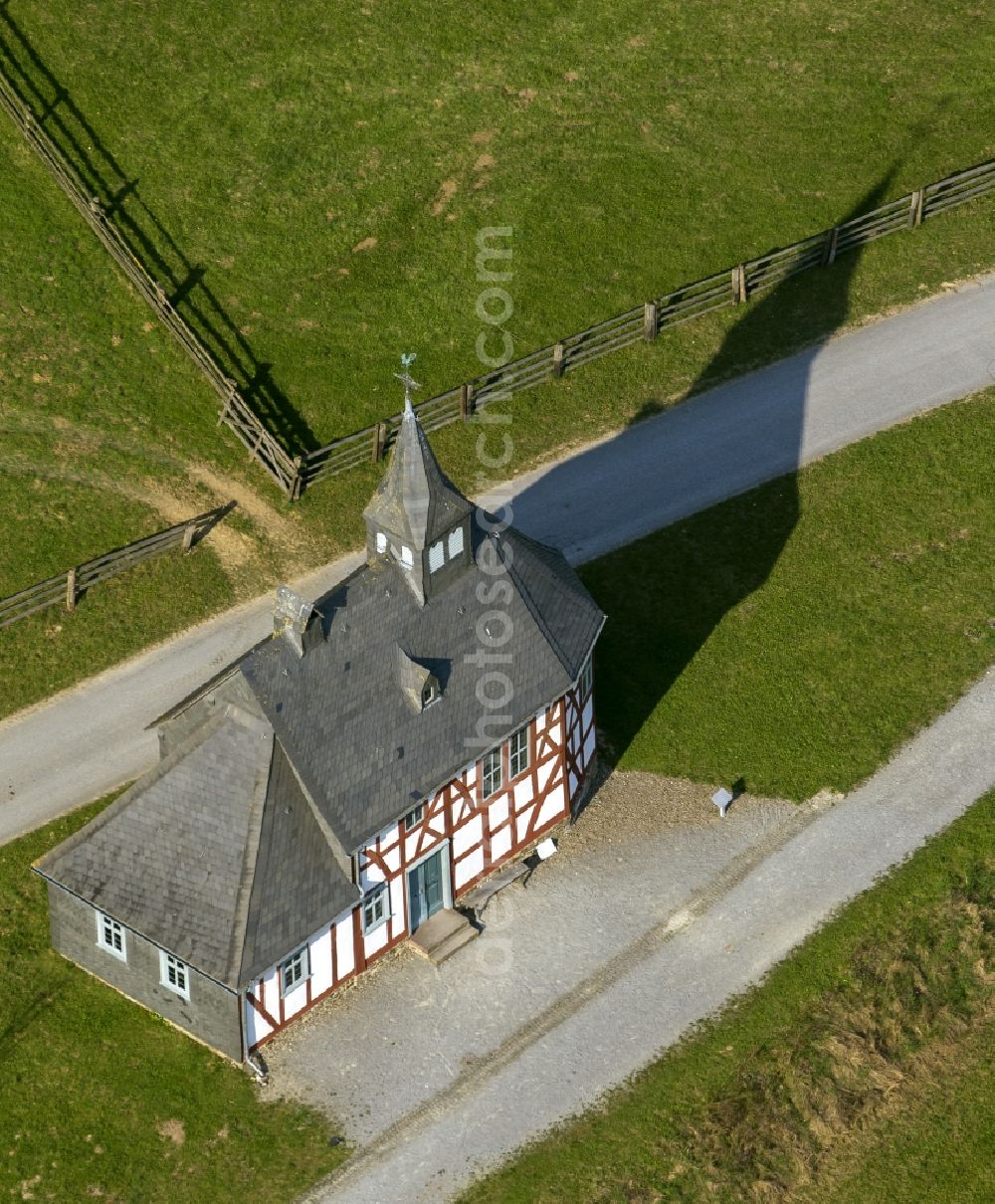 Detmold from above - Timbered village built catholic Chapel School the Regional Association Westphalia- Lippe open air museum in the Paderborner Dorf in Detmold in the state of North Rhine-Westphalia