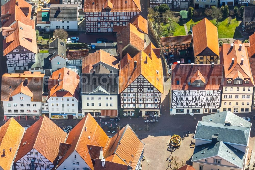 Aerial image Bad Wildungen - Half-timbered house and multi-family house- residential area in the old town area and inner city center on Schlossstrasse in Bad Wildungen in the state Hesse, Germany