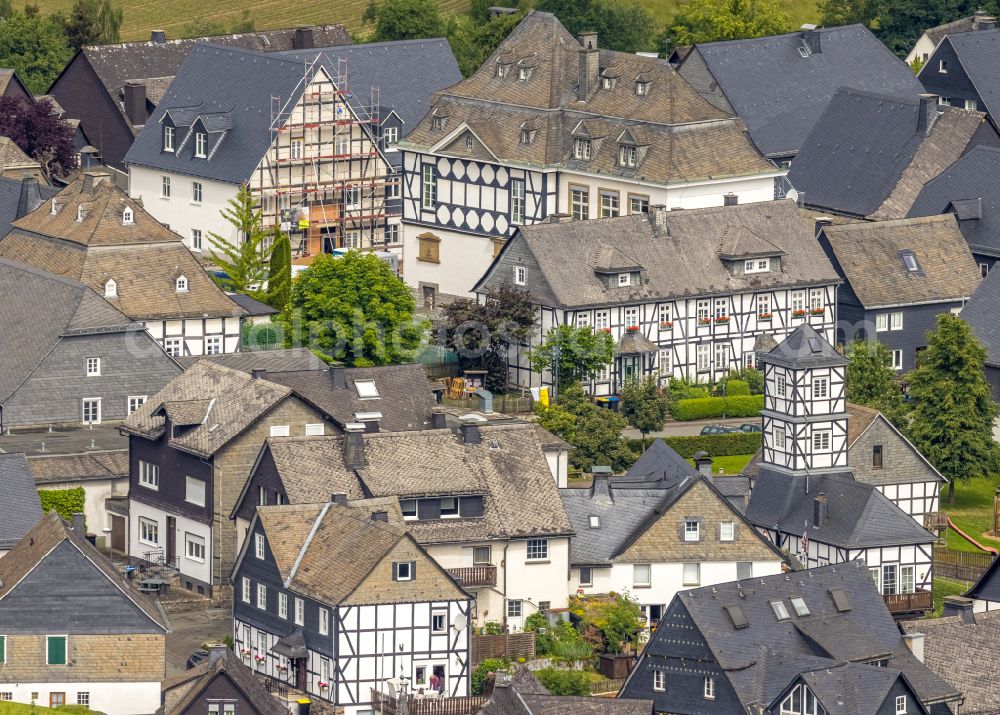 Eversberg from above - Half-timbered house and multi-family house- residential area in the old town area and inner city center in Eversberg at Sauerland in the state North Rhine-Westphalia, Germany