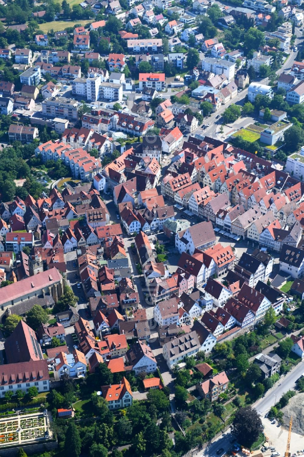 Leonberg from above - Half-timbered house and multi-family house- residential area in the old town area and inner city center in Leonberg in the state Baden-Wurttemberg, Germany