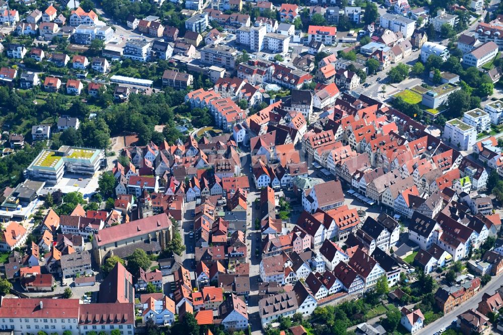 Leonberg from the bird's eye view: Half-timbered house and multi-family house- residential area in the old town area and inner city center in Leonberg in the state Baden-Wurttemberg, Germany