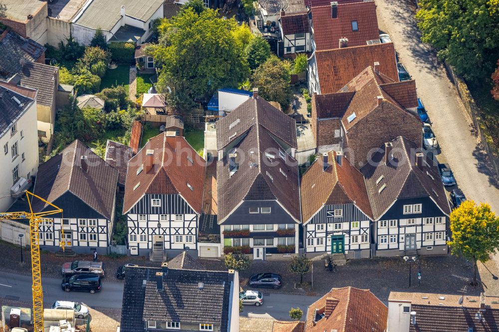 Arnsberg from above - Half-timbered house and multi-family house- residential area in the old town area and inner city center on street Mendener Strasse in the district Neheim in Arnsberg at Sauerland in the state North Rhine-Westphalia, Germany