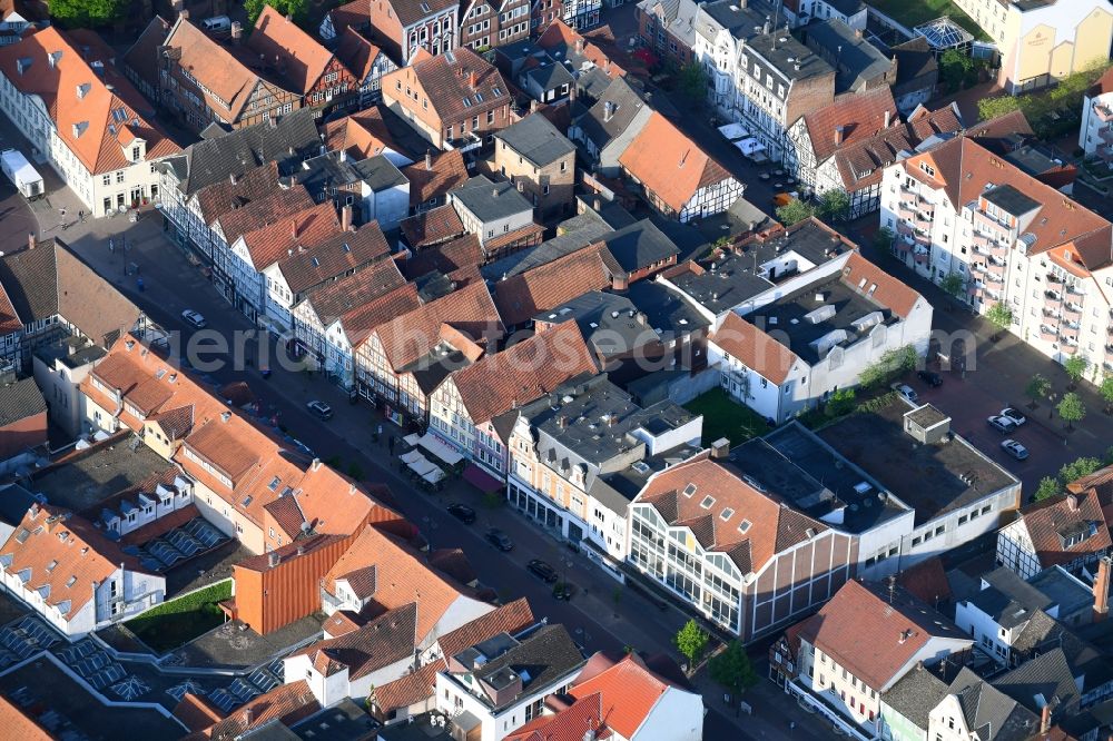 Uelzen from above - Half-timbered house and multi-family house- residential area in the old town area and inner city center on Lueneburger street in Uelzen in the state Lower Saxony, Germany