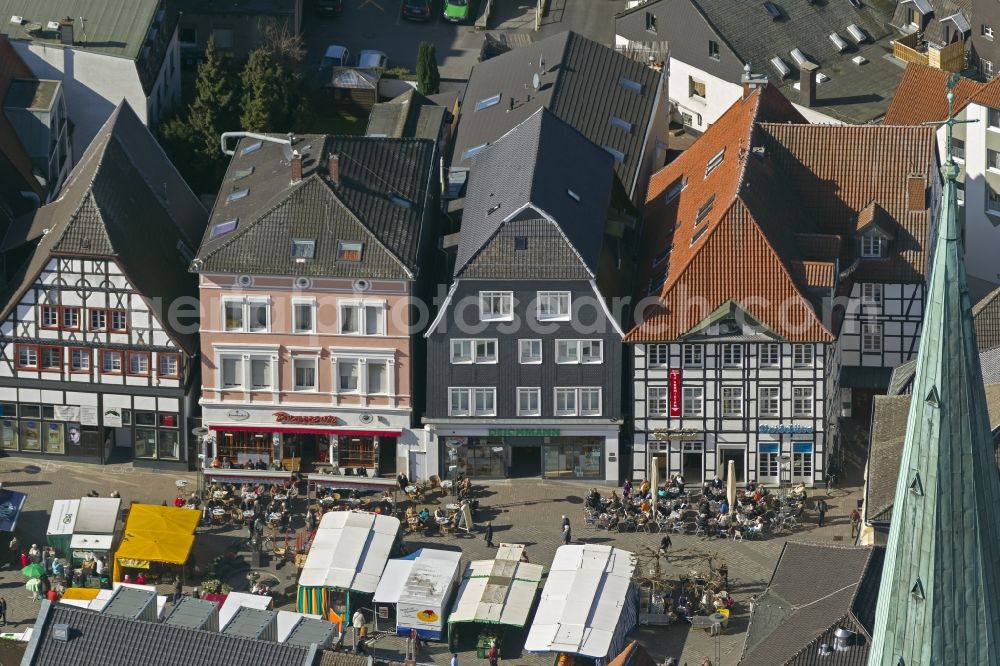 Unna from above - Historic houses on Unnaer market with well-attended restaurant at the market Unna in North Rhine-Westphalia NRW